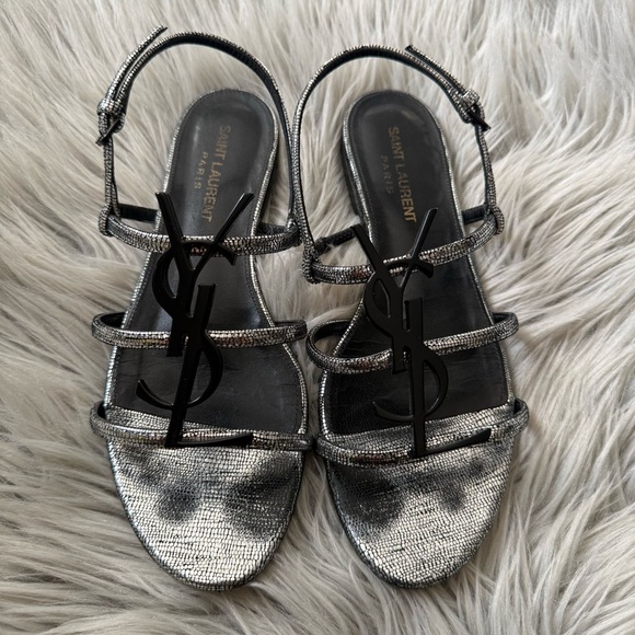 SAINT LAURENT Calfskin YSL Cassandra Monogram Logo Strappy Sandals Metallic 36
